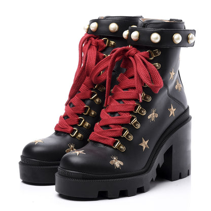 Gucci Calfskin Bee Star Embroidered Lace Up Combat Ankle Boots 37 Black 2 of 11
