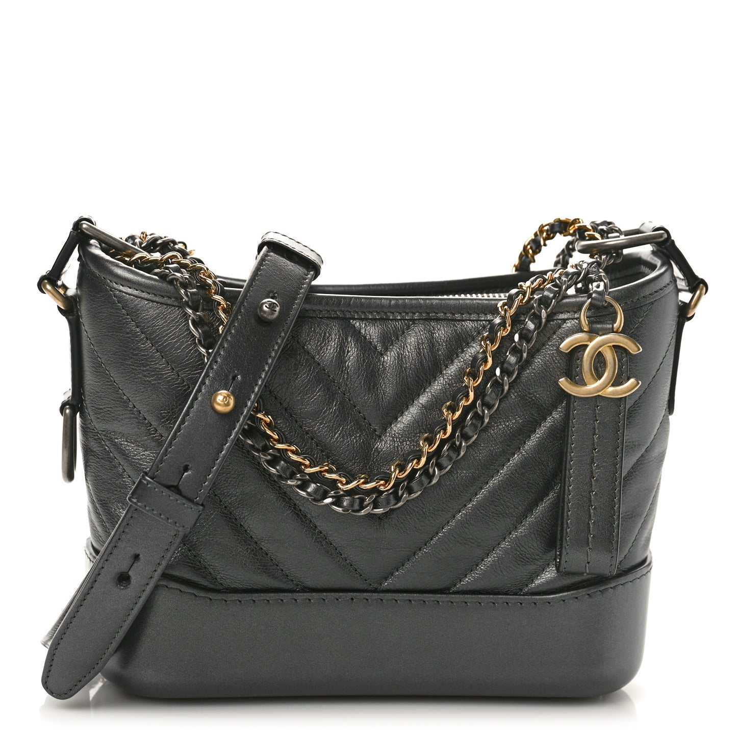 Metallic Aged Calfskin Chevron Quilted Small Gabrielle Hobo Dark Grey