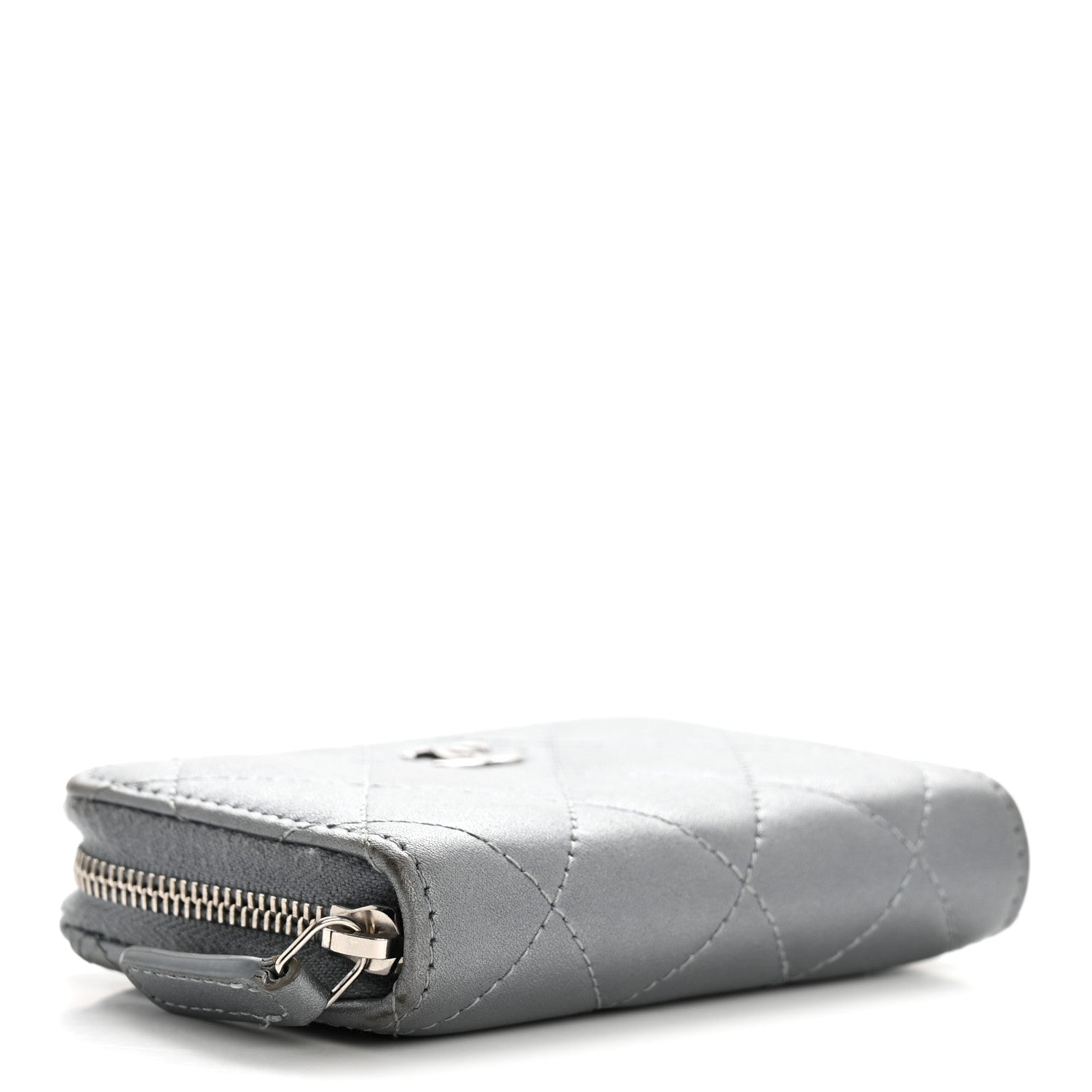Chanel Metallic Lambskin Quilted Zip Around Coin Purse Wallet Silver 4 of 11