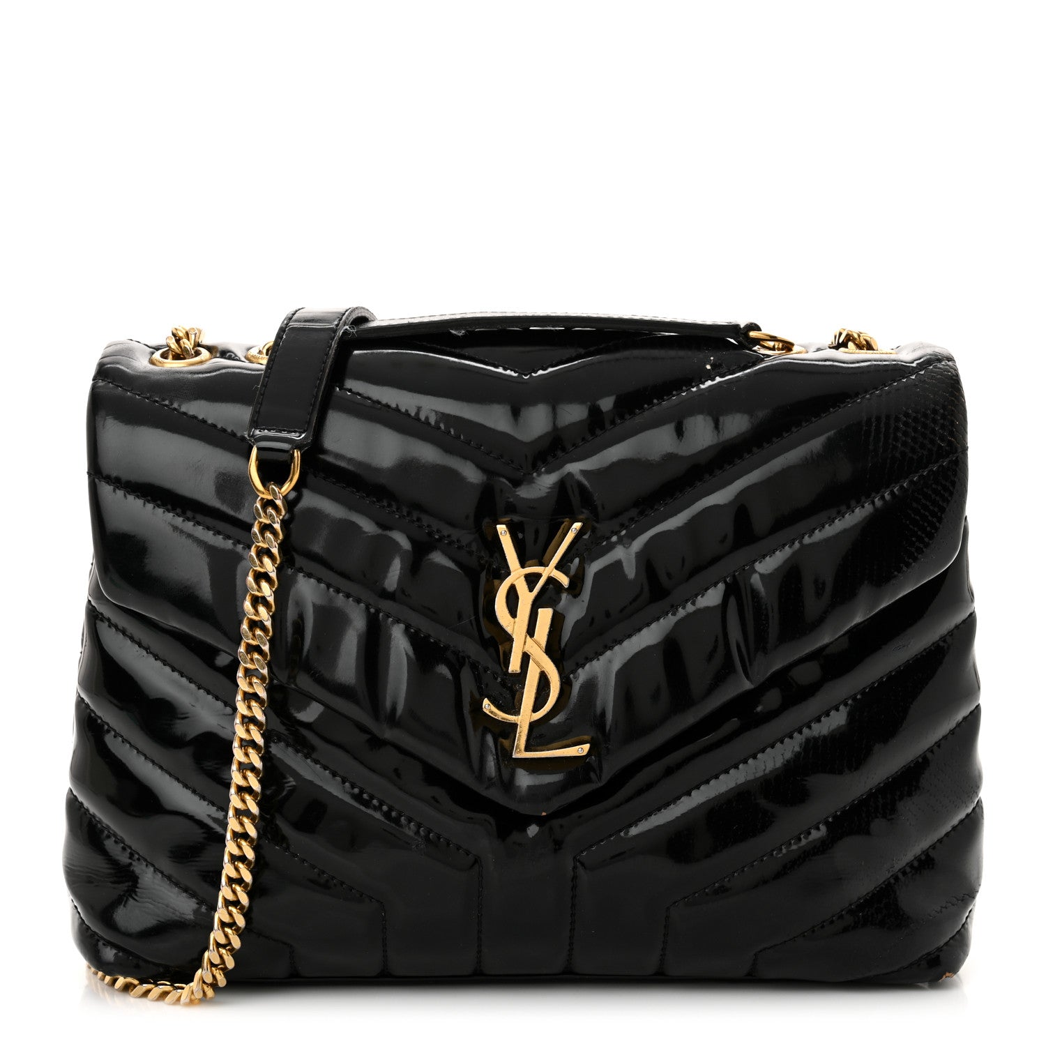 Saint Laurent Patent Y Quilted Monogram Small Loulou Chain Satchel Black 1 of 19