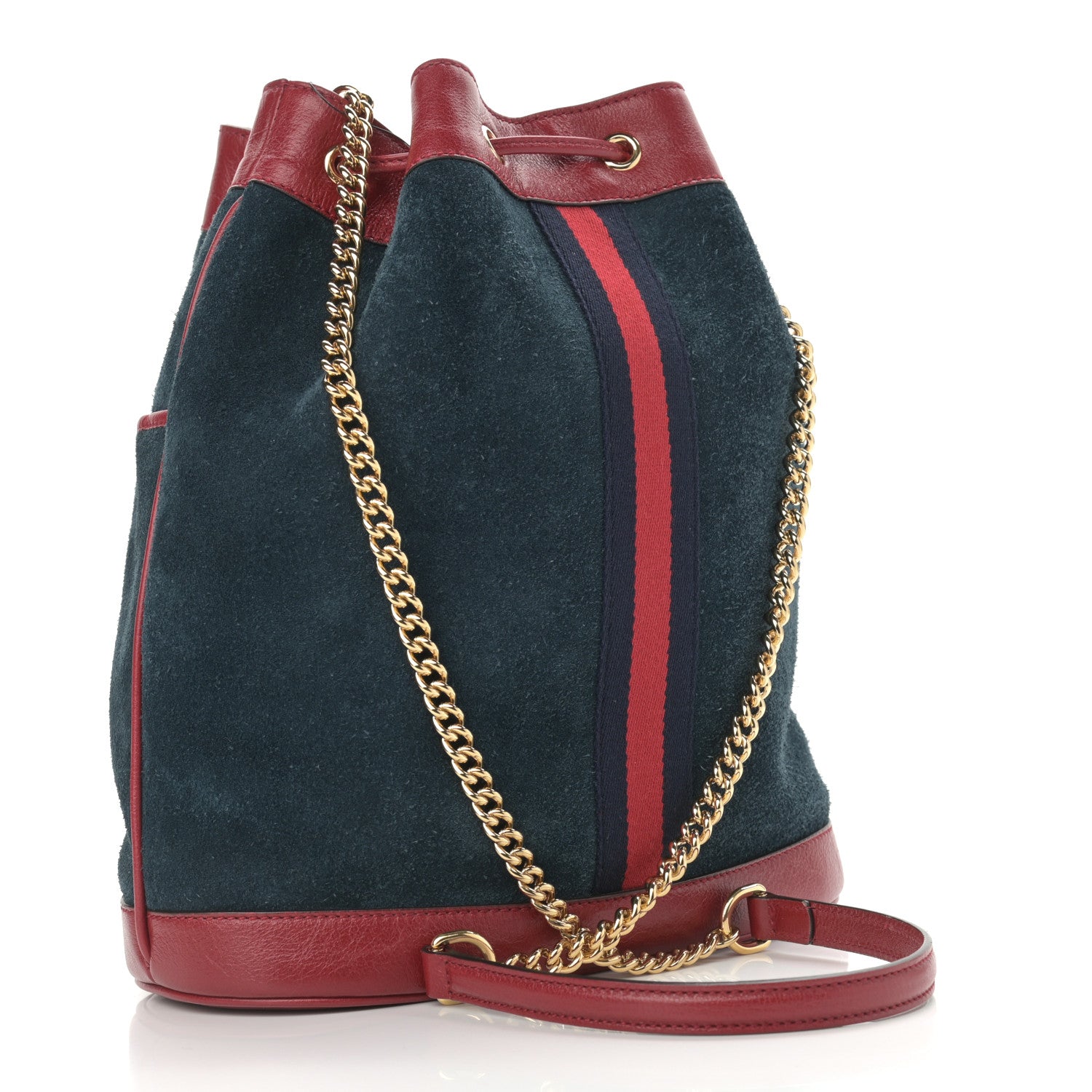 Gucci Suede Calfskin Web Medium Rajah Bucket Bag New Blue Romantic Cherry 3 of 10