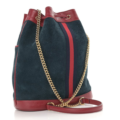 Gucci Suede Calfskin Web Medium Rajah Bucket Bag New Blue Romantic Cherry 3 of 10