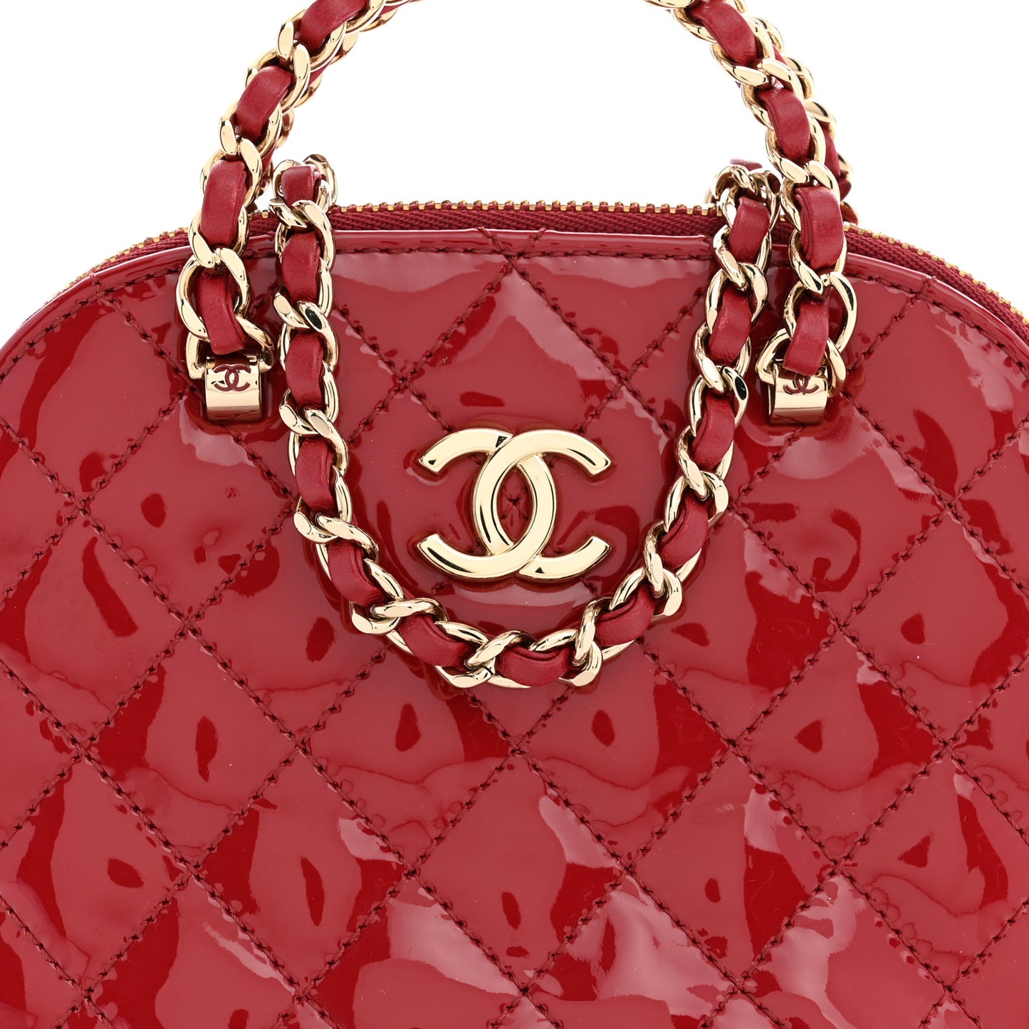Patent Calfskin Quilted Shiny Coco Clutch With Chain Red