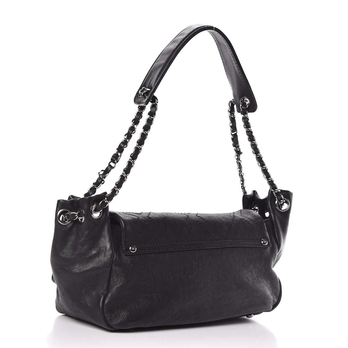 Calfskin Diamond Stitch Accordion Flap Black