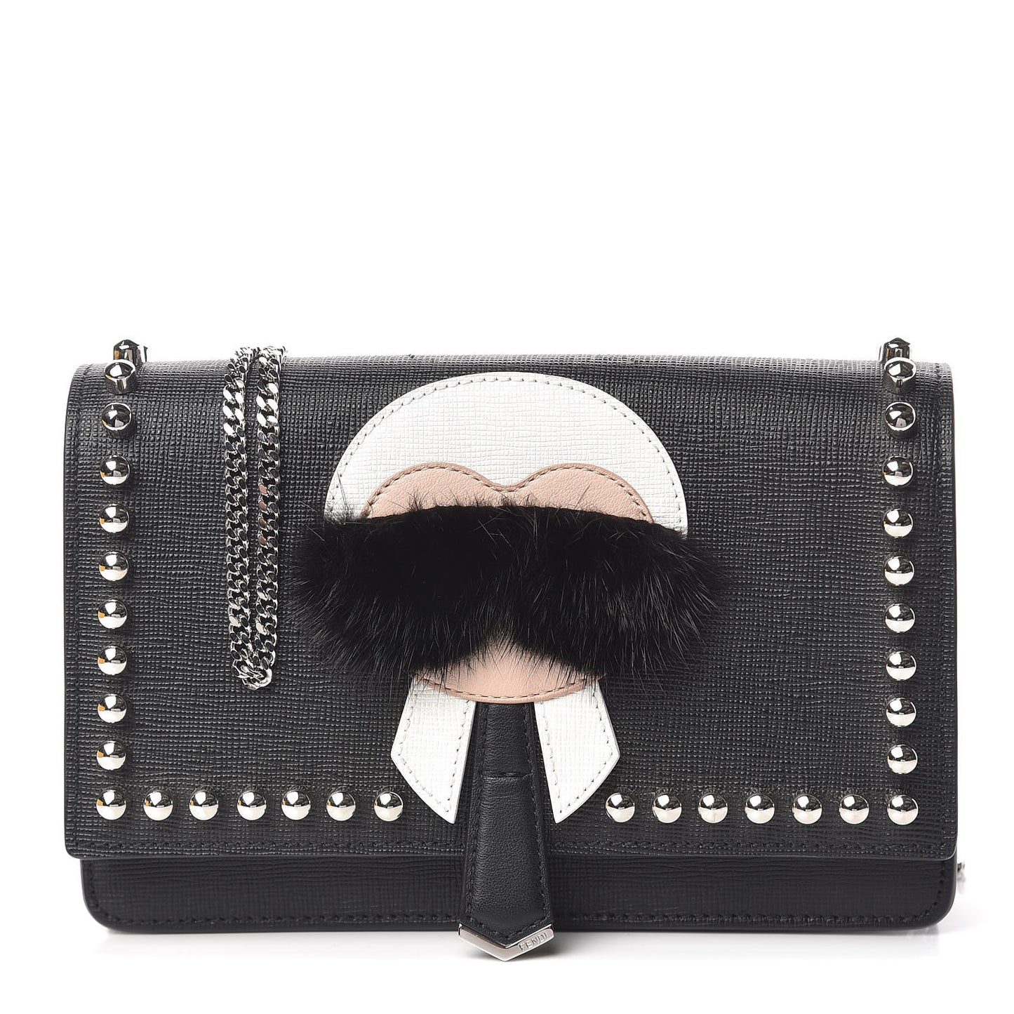 Vitello Elite Mink Fur Studded Karlito Tube Wallet on Chain Black