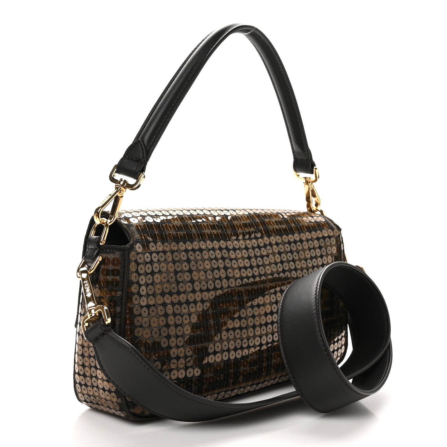 Fendi Fabric Jacquard Paillettes Vitello Seta FF 1974 Baguette Testa di Moro Real Ebano 3 of 10