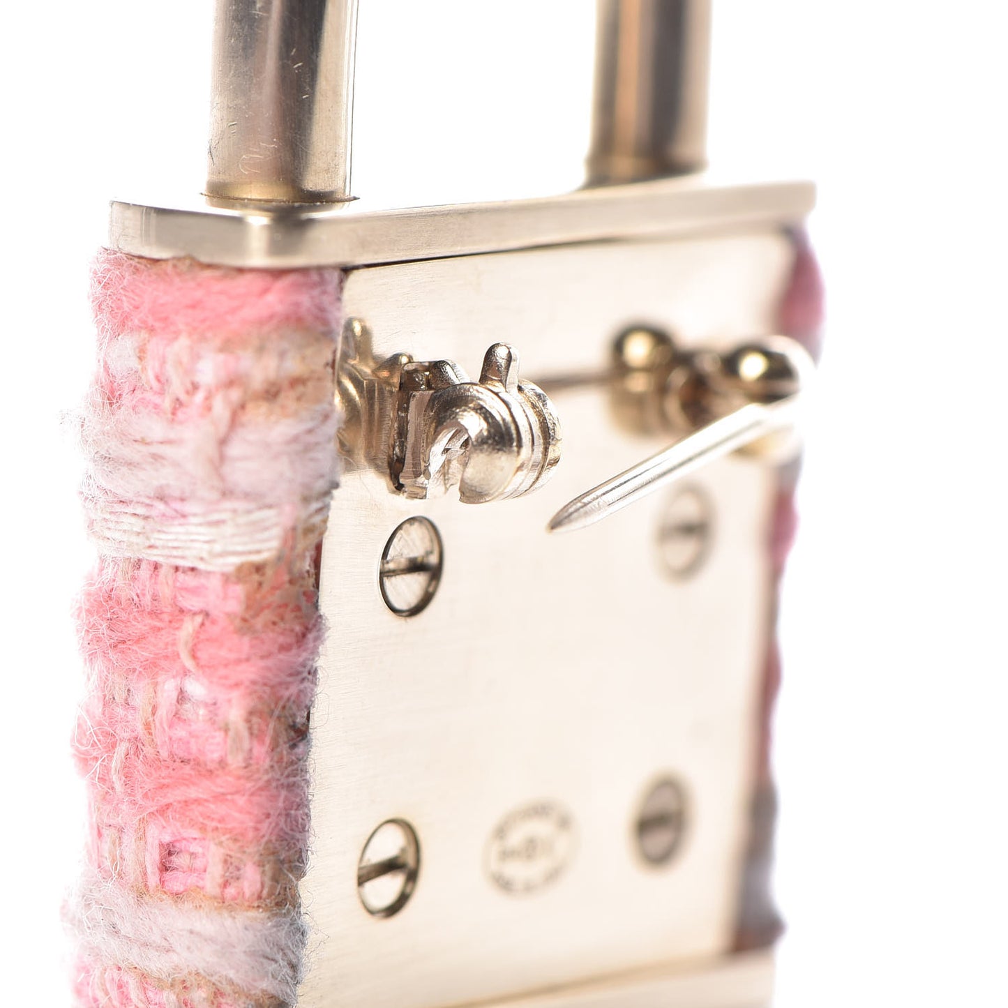 Tweed CC Oversized Padlock Pin Brooch Pink Gold