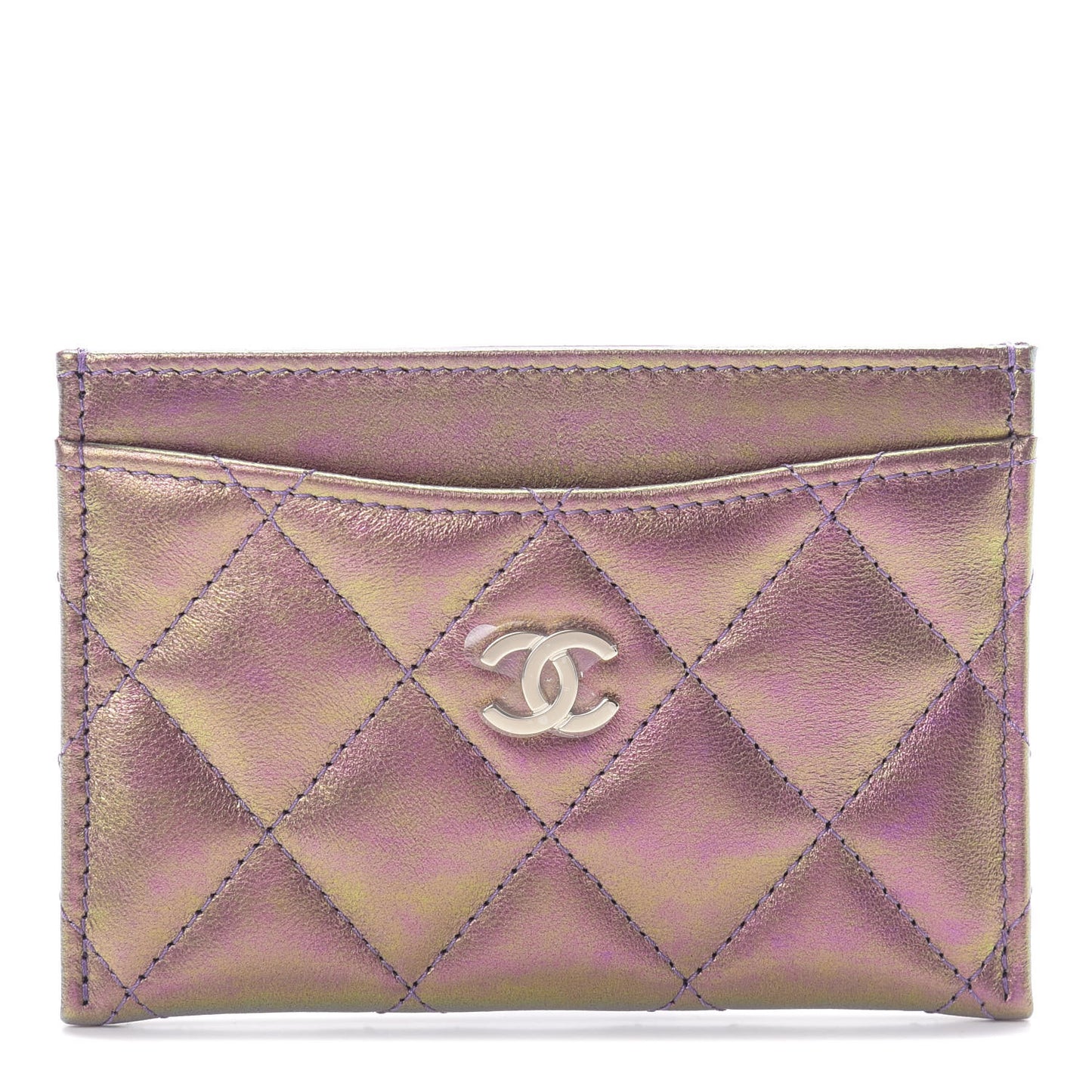 Iridescent Lambskin Quilted Card Holder Purple