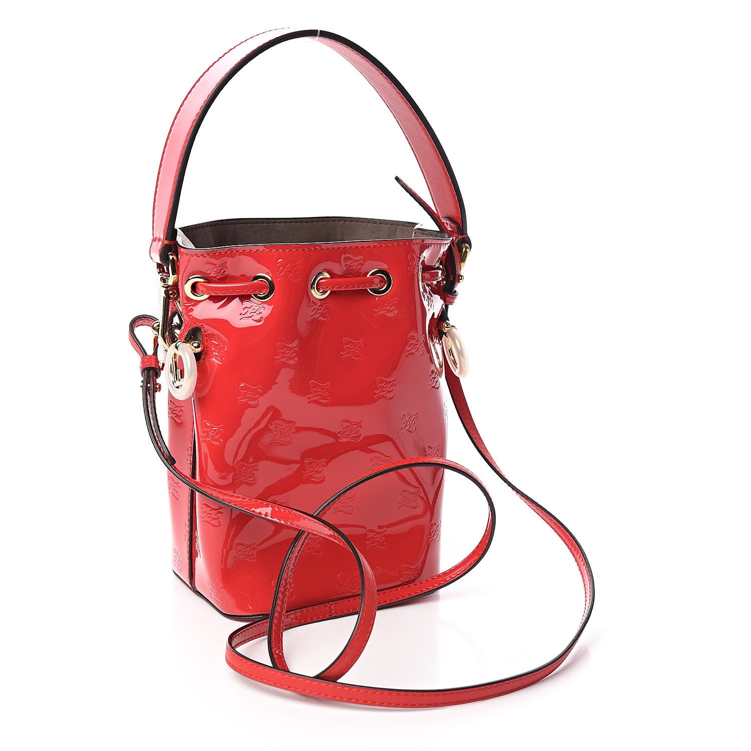 Fendi Vitello Vernice Mou F is Fendi Karligraphy Embossed Mini Mon Tresor Bucket Bag Rosso Cardinale 3 of 10