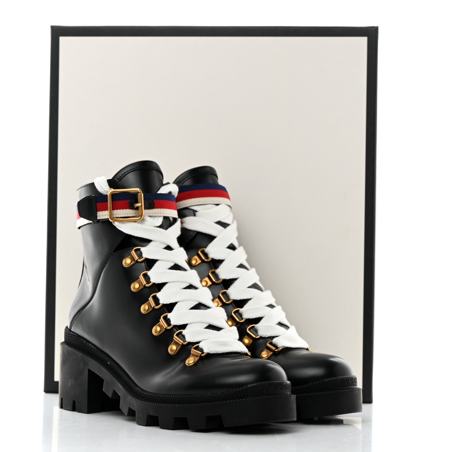 Gucci Calfskin Sylvie Web Womens Lace Up Combat Boots 37 Black 9 of 9