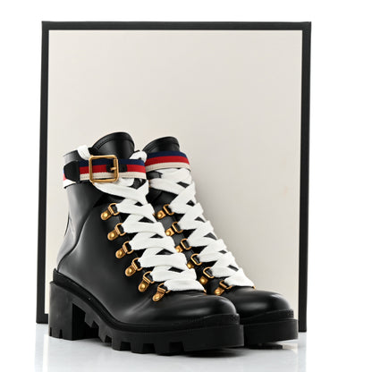 Gucci Calfskin Sylvie Web Womens Lace Up Combat Boots 37 Black 9 of 9
