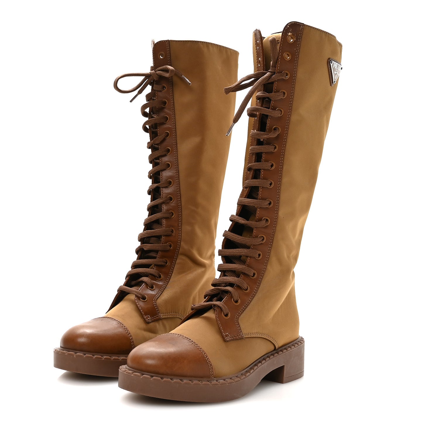 Re-Nylon Spazzolato Rois Metal Triangle Logo Tall 50mm Combat Boots 35.5 Tobacco Brown