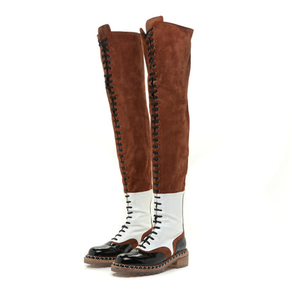 Chanel Suede Patent Calfskin Over The Knee Boots 39.5 Brown White Black 3 of 22