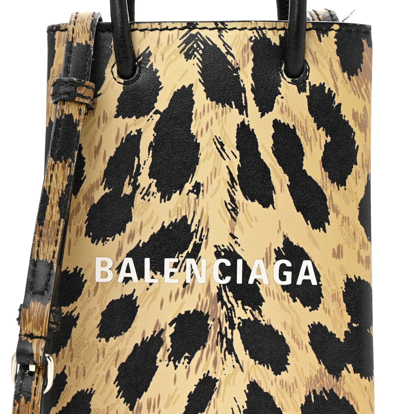 Smooth Calfskin Leopard Print Logo Shopping Phone Holder Bag Beige Black