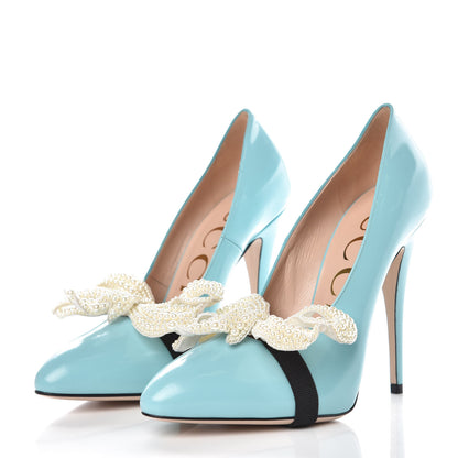 Gucci Polished Calfskin Removable Pearly Bow Elaisa Platform High Heel Pumps 38 New Aquamarine 3 of 11
