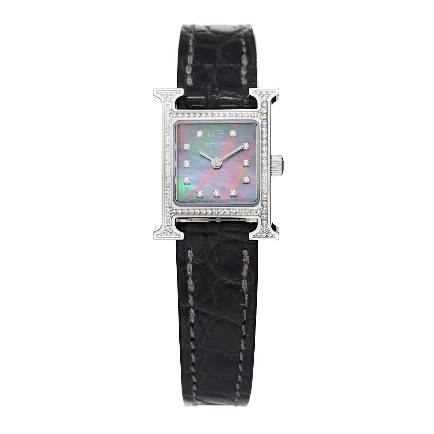 Stainless Steel Alligator Diamond Bezel Black Mother of Pearl 17.2mm Heure H Hour Quartz Watch Graphite
