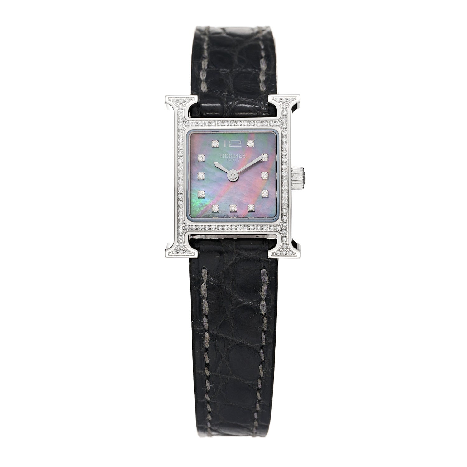 Hermes Stainless Steel Alligator Diamond Bezel Black Mother of Pearl 17.2mm Heure H Hour Quartz Watch Graphite 1 of 5