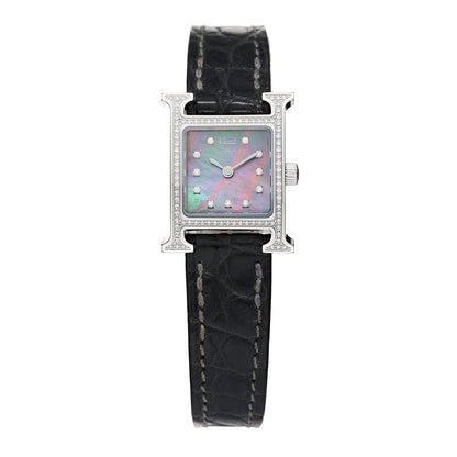 Hermes Stainless Steel Alligator Diamond Bezel Black Mother of Pearl 17.2mm Heure H Hour Quartz Watch Graphite 1 of 5
