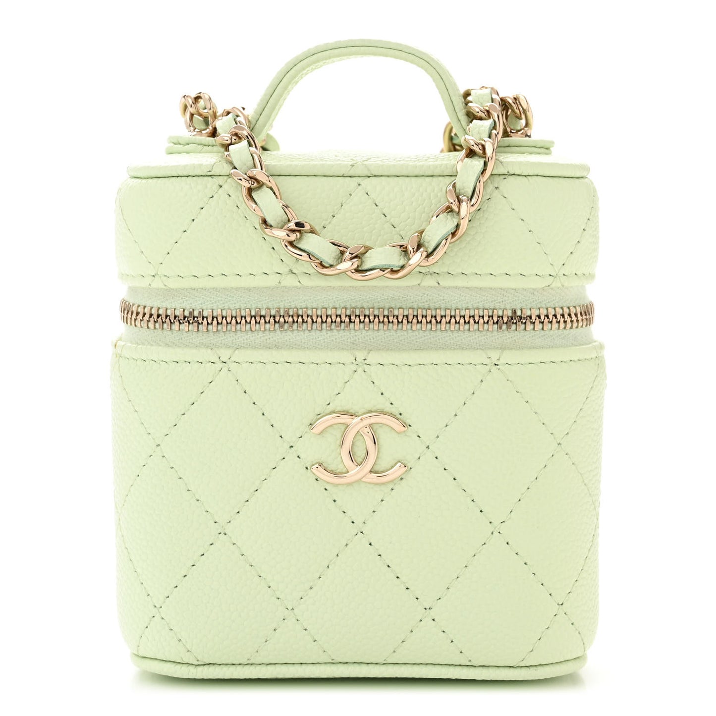 Caviar Quilted Small Handle With Care Vanity Case With Chain Light Green