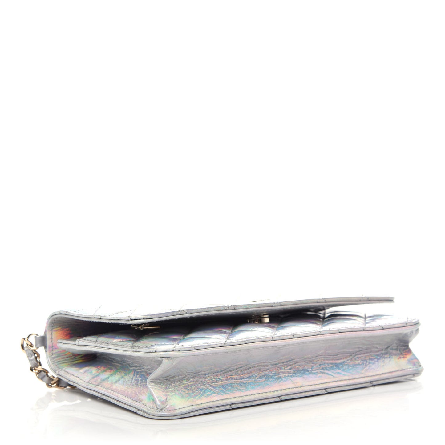 Iridescent Goatskin Quilted Wallet On Chain WOC Silver