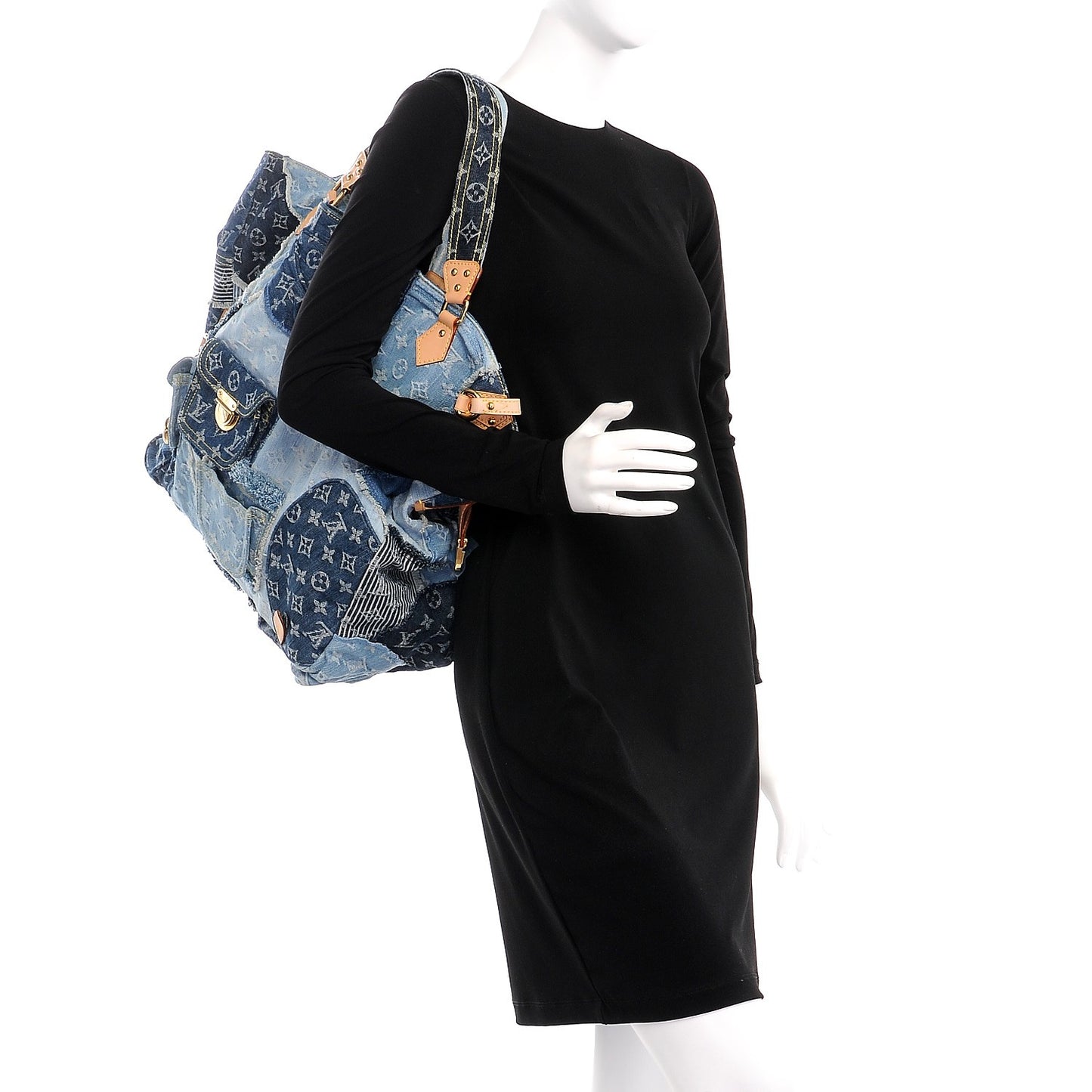 Denim Patchwork Cabby Tote Blue