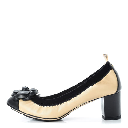 Chanel Lambskin Camellia CC Elastic Stretch Pumps 36 Beige Black 1 of 10