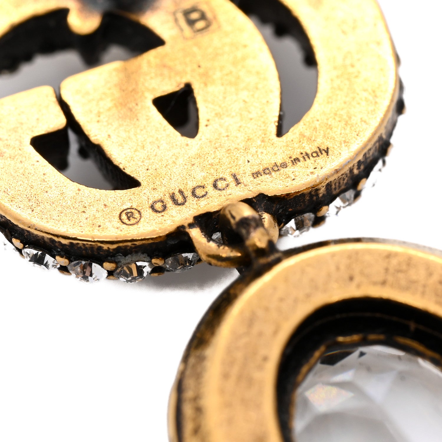Gucci Metal Crystal Double G Drop Earrings Aged Gold 4 of 7