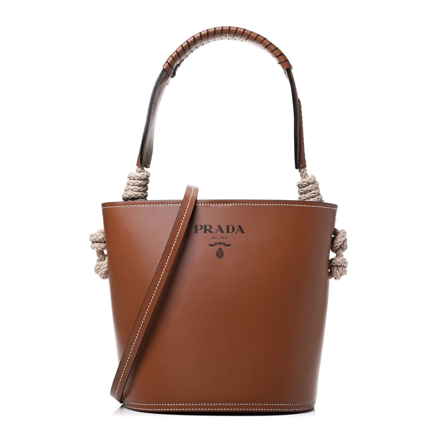 Prada City Calfskin Knotted Rope Bucket Bag Cognac 2 of 11