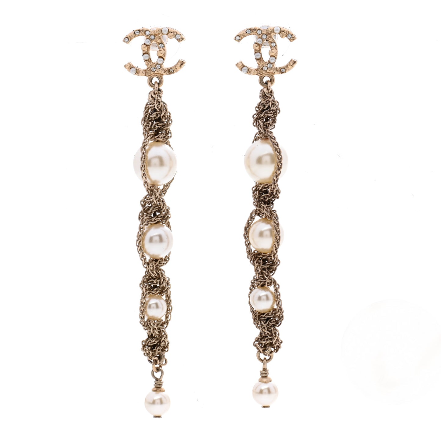 Pearl Crystal CC Chain Drop Earrings Gold