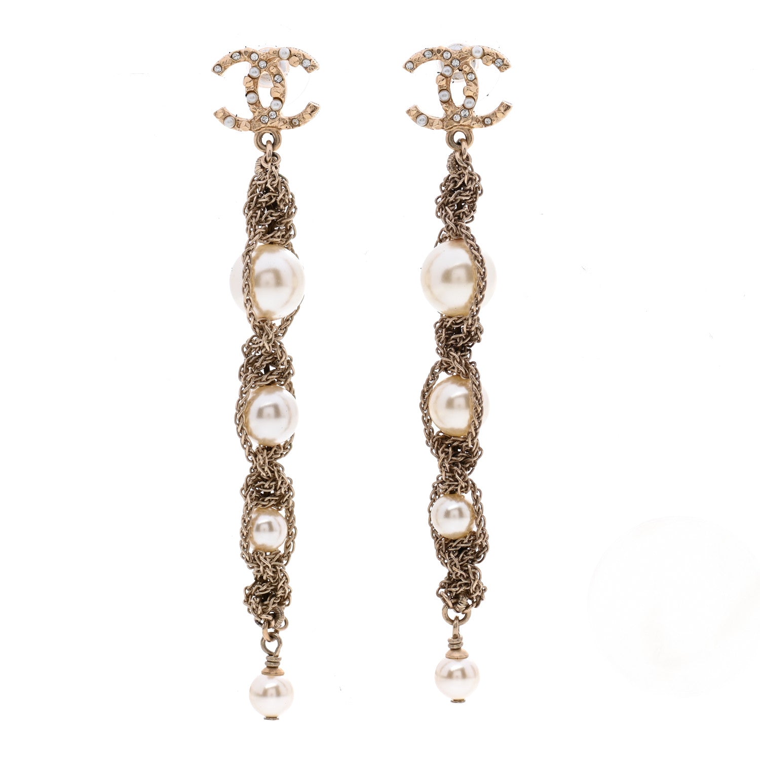 Chanel Pearl Crystal CC Chain Drop Earrings Gold 1 of 6