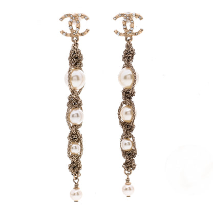 Chanel Pearl Crystal CC Chain Drop Earrings Gold 1 of 6