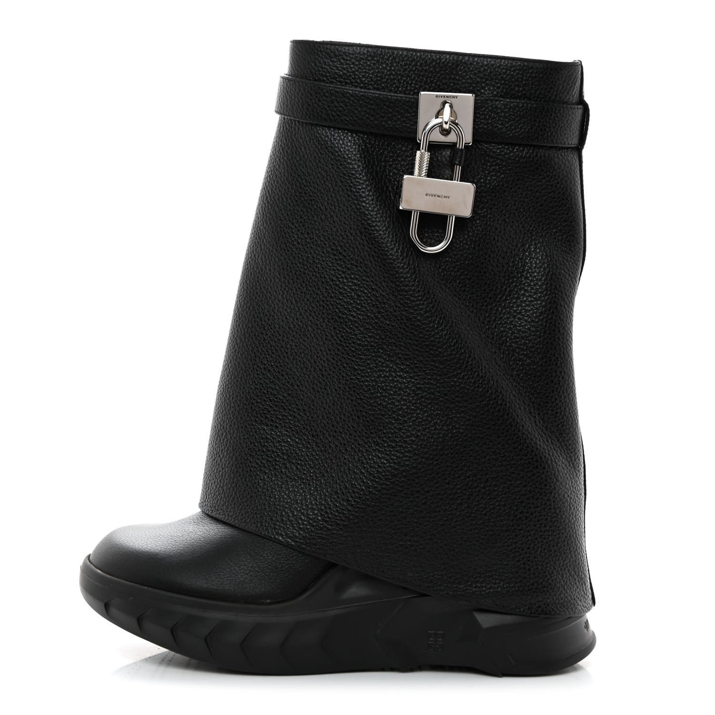 Grained Calfskin Shark Lock Biker Ankle Boots 41 Black