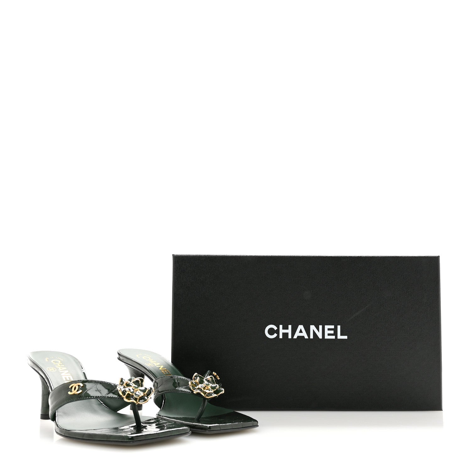 Chanel Crocodile Embossed Patent Calfskin Camelia Thong Sandals 37 Dark Green 10 of 10
