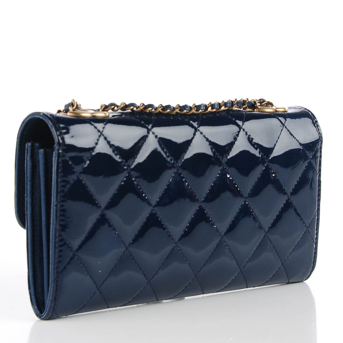 Patent Goatskin Quilted CC Eyelet Wallet On Chain Blue
