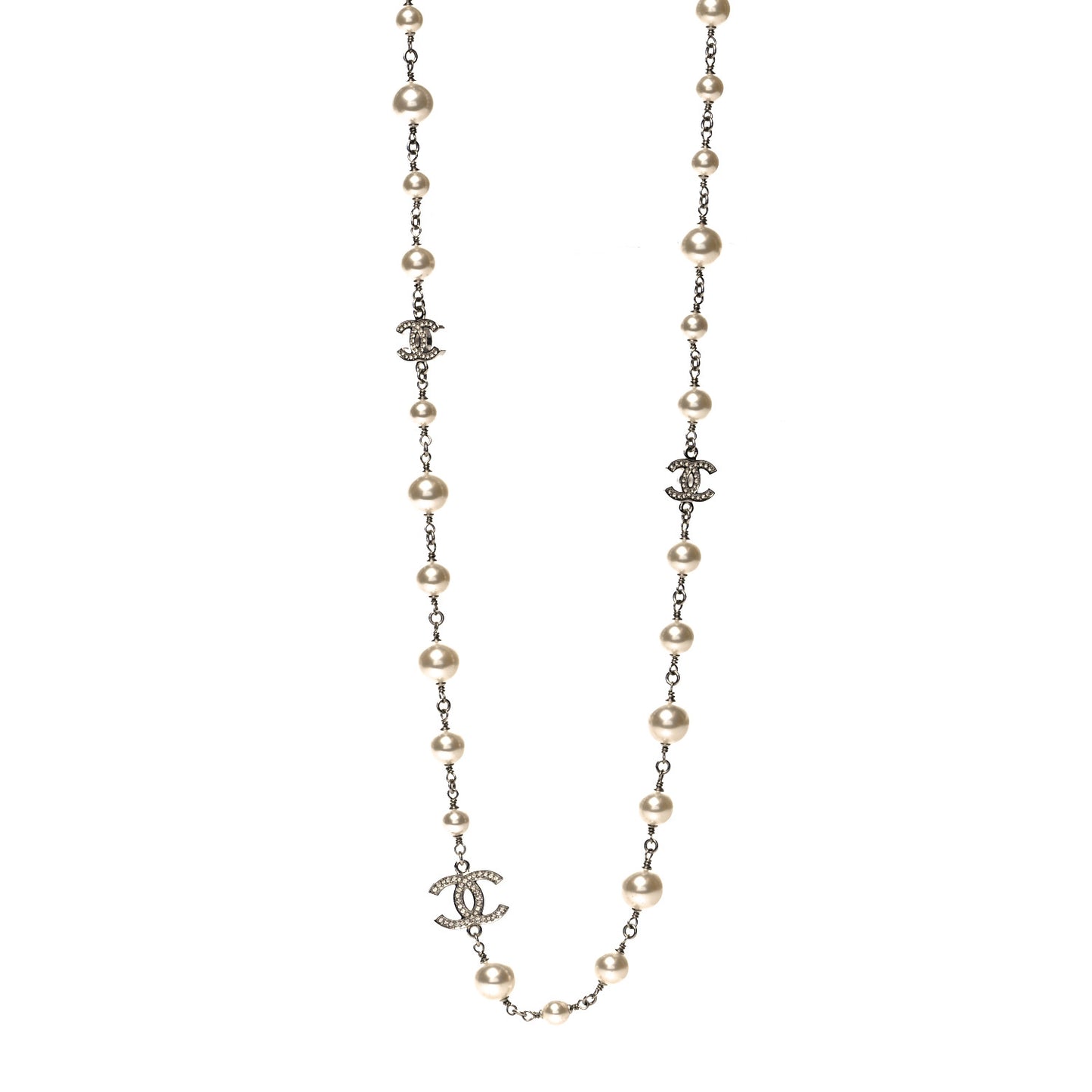 Graduated Pearl Crystal CC Long Necklace Silver