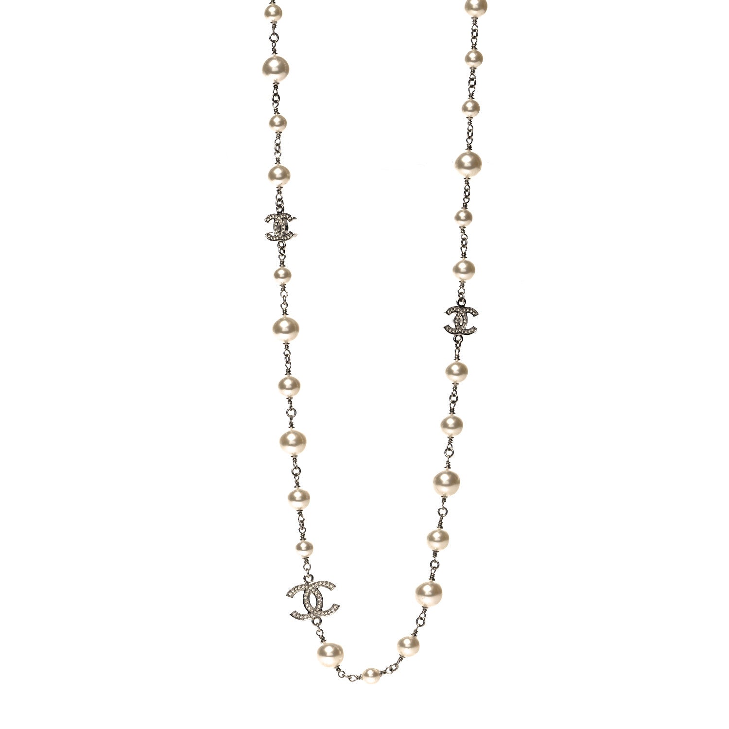 Chanel Graduated Pearl Crystal CC Long Necklace Silver 1 of 5