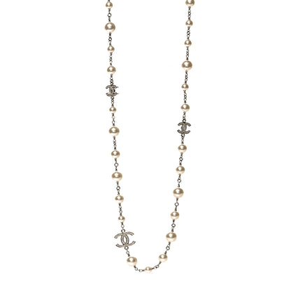 Chanel Graduated Pearl Crystal CC Long Necklace Silver 1 of 5