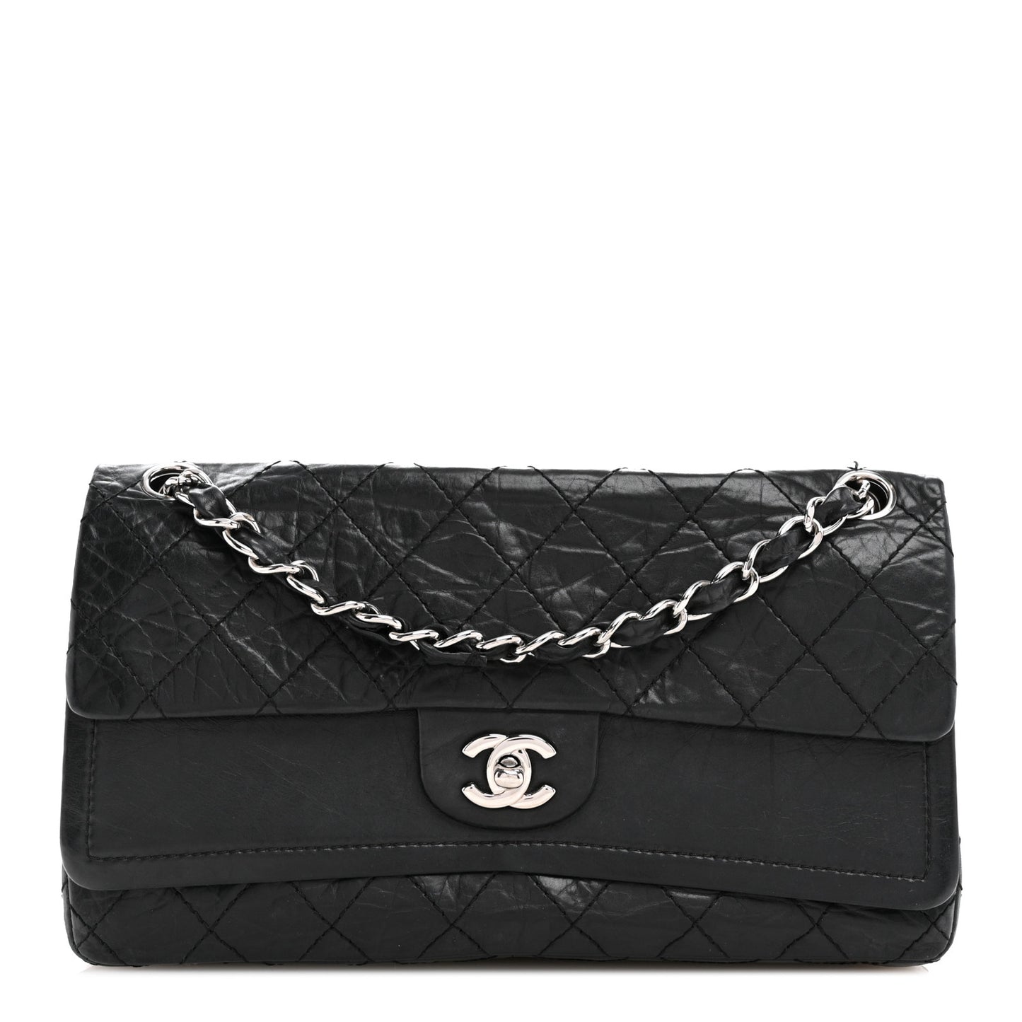 Aged Calfskin Quilted Medium Double Flap Black
