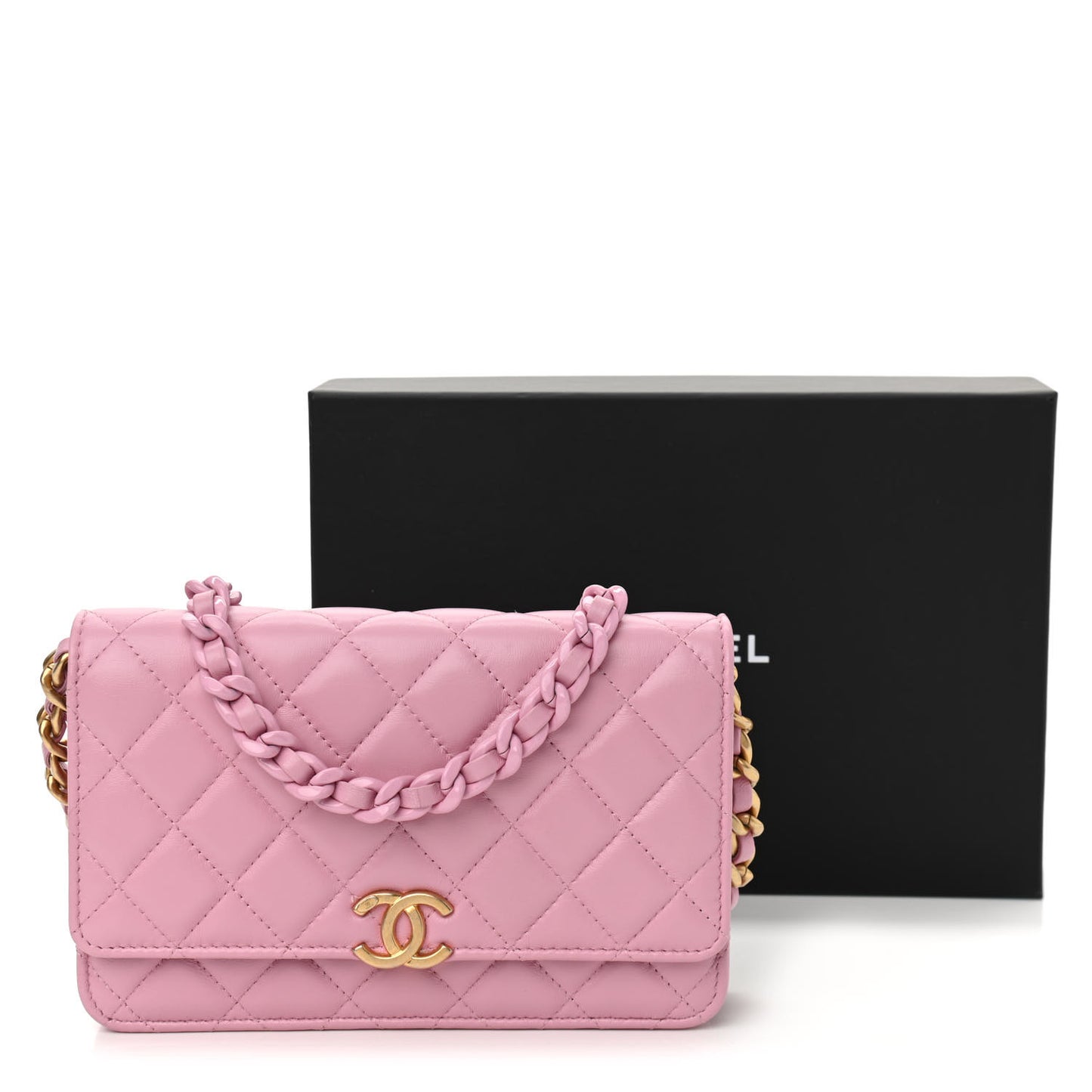 Lambskin Resin Quilted Wallet On Chain WOC Dark Pink