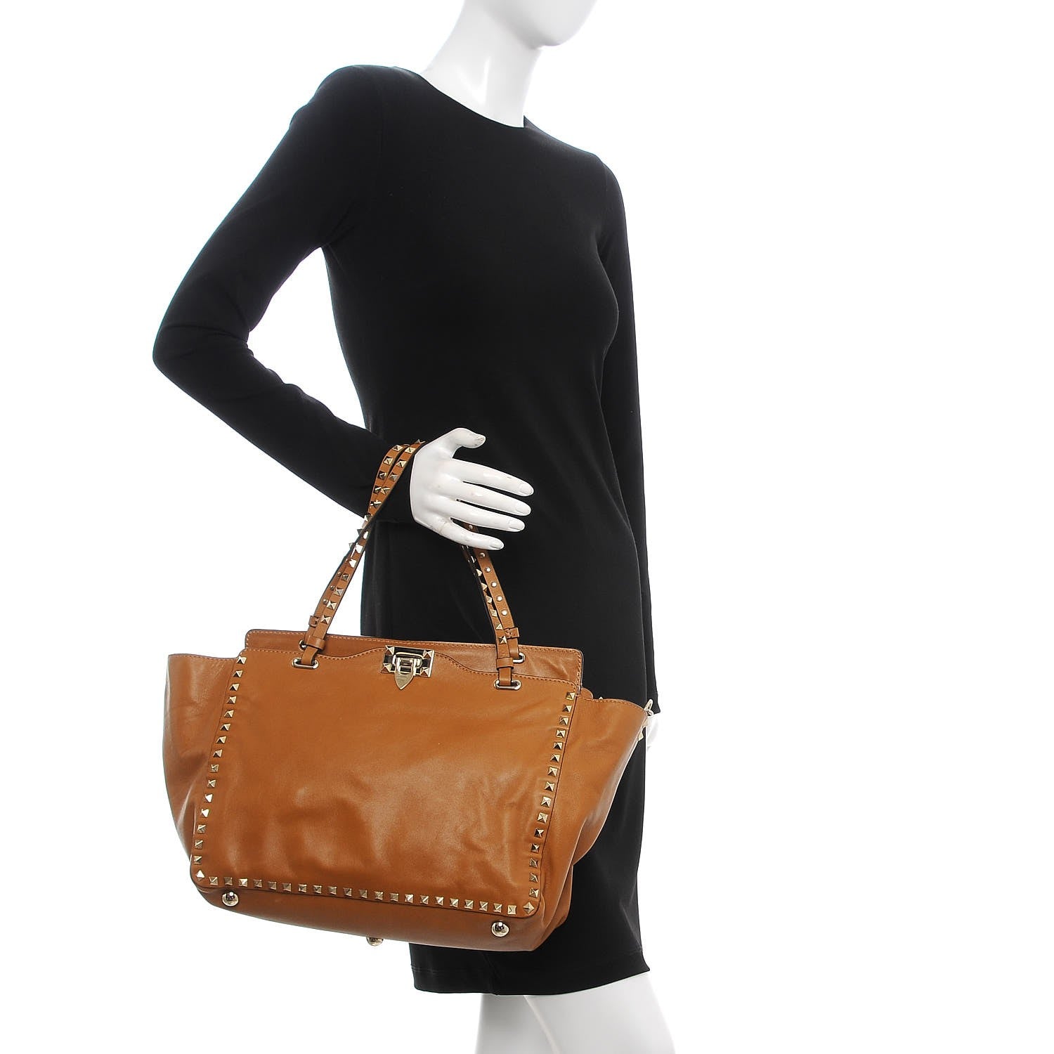 Valentino Garavani Vitello Medium Rockstud Tote Tan 3 of 9