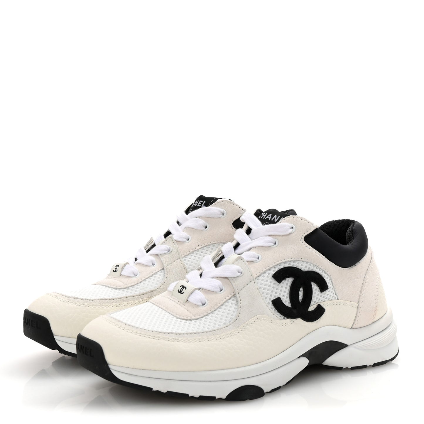 Mesh Suede Calfskin Grained Calfskin Womens CC Sneakers 38.5 White Black