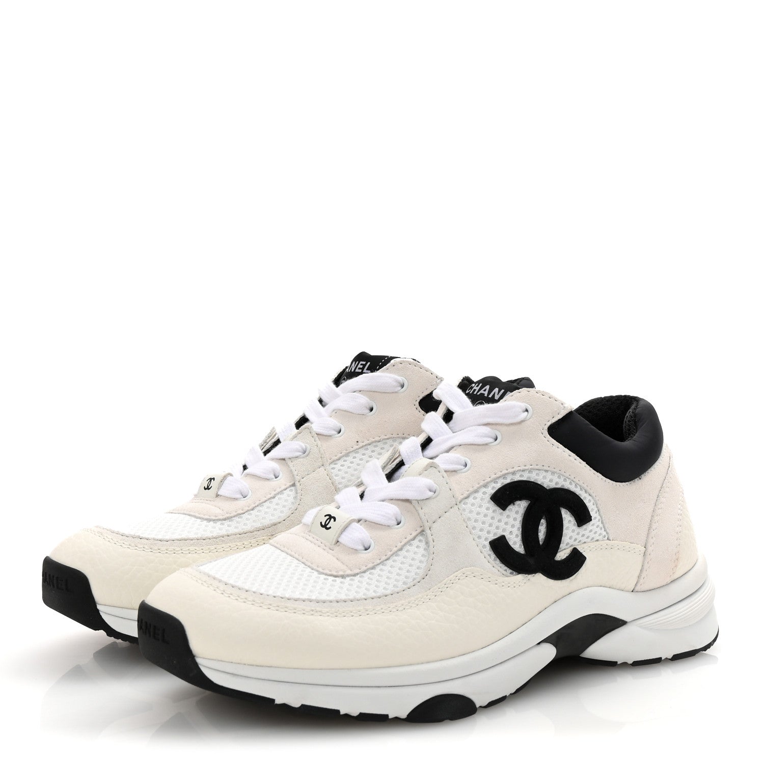 Chanel Mesh Suede Calfskin Grained Calfskin Womens CC Sneakers 38.5 White Black 4 of 10