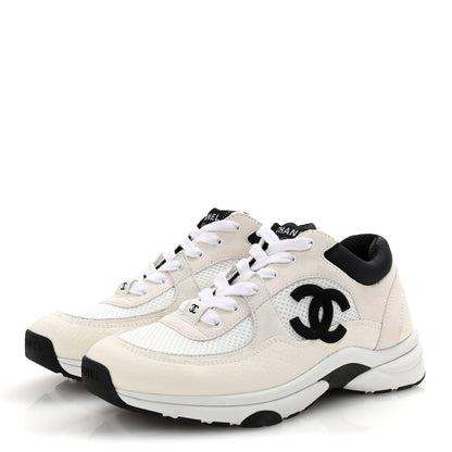 Chanel Mesh Suede Calfskin Grained Calfskin Womens CC Sneakers 38.5 White Black 4 of 10