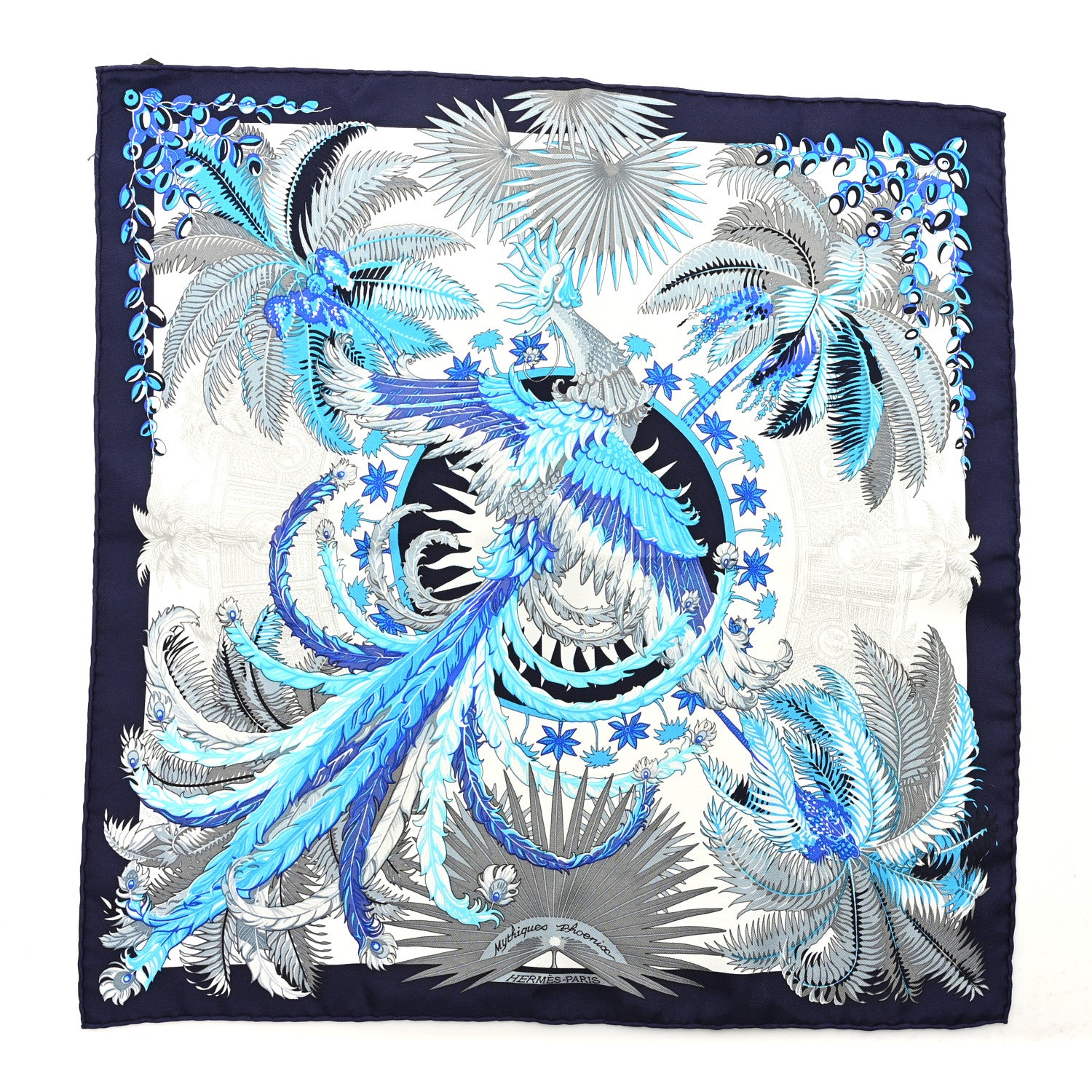 Hermes Silk Mythiques Phoenix Scarf 45 White Bleu Turquoise 1 of 3