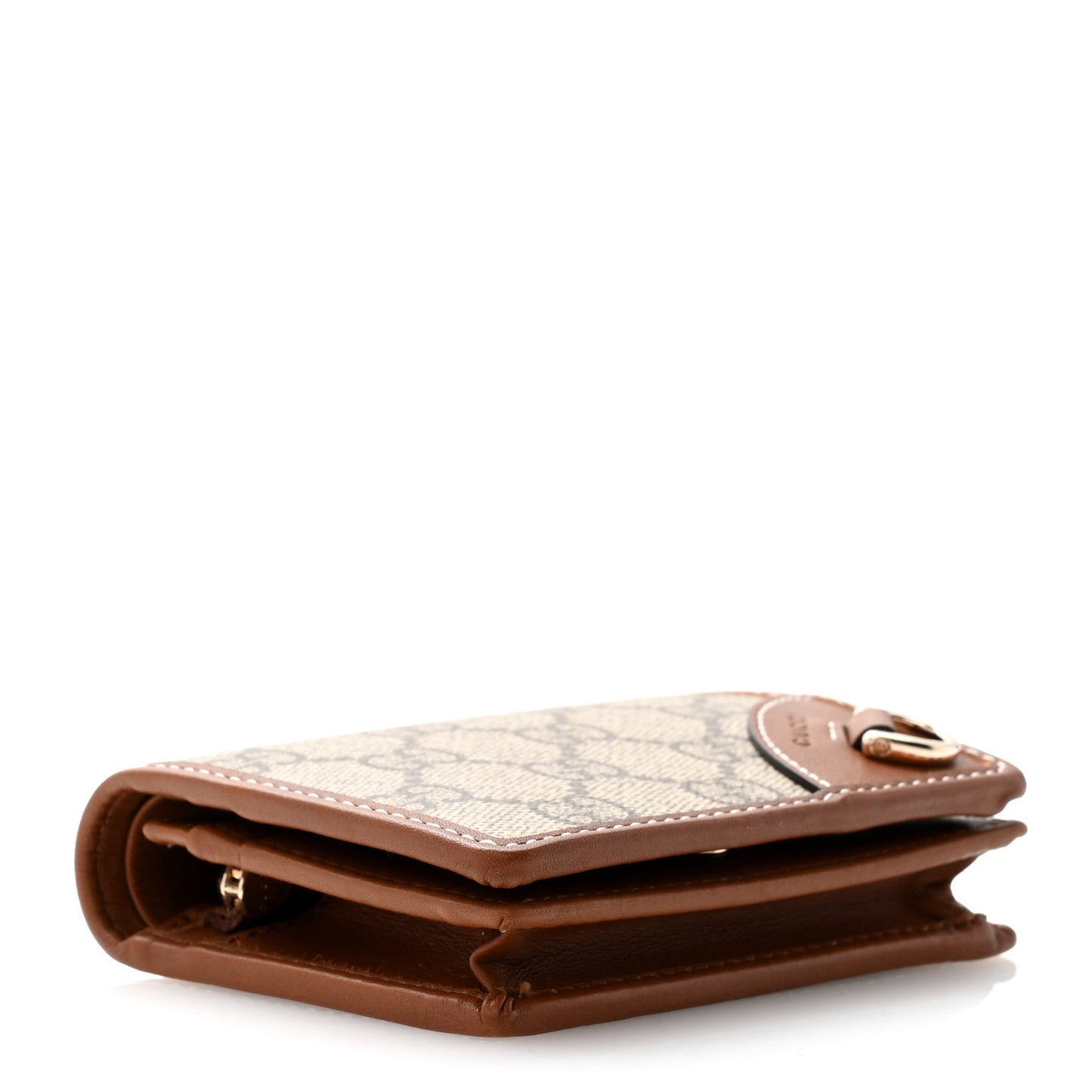 GG Supreme Monogram Textured Calfskin Emblem Mini Wallet Beige Dark Brown