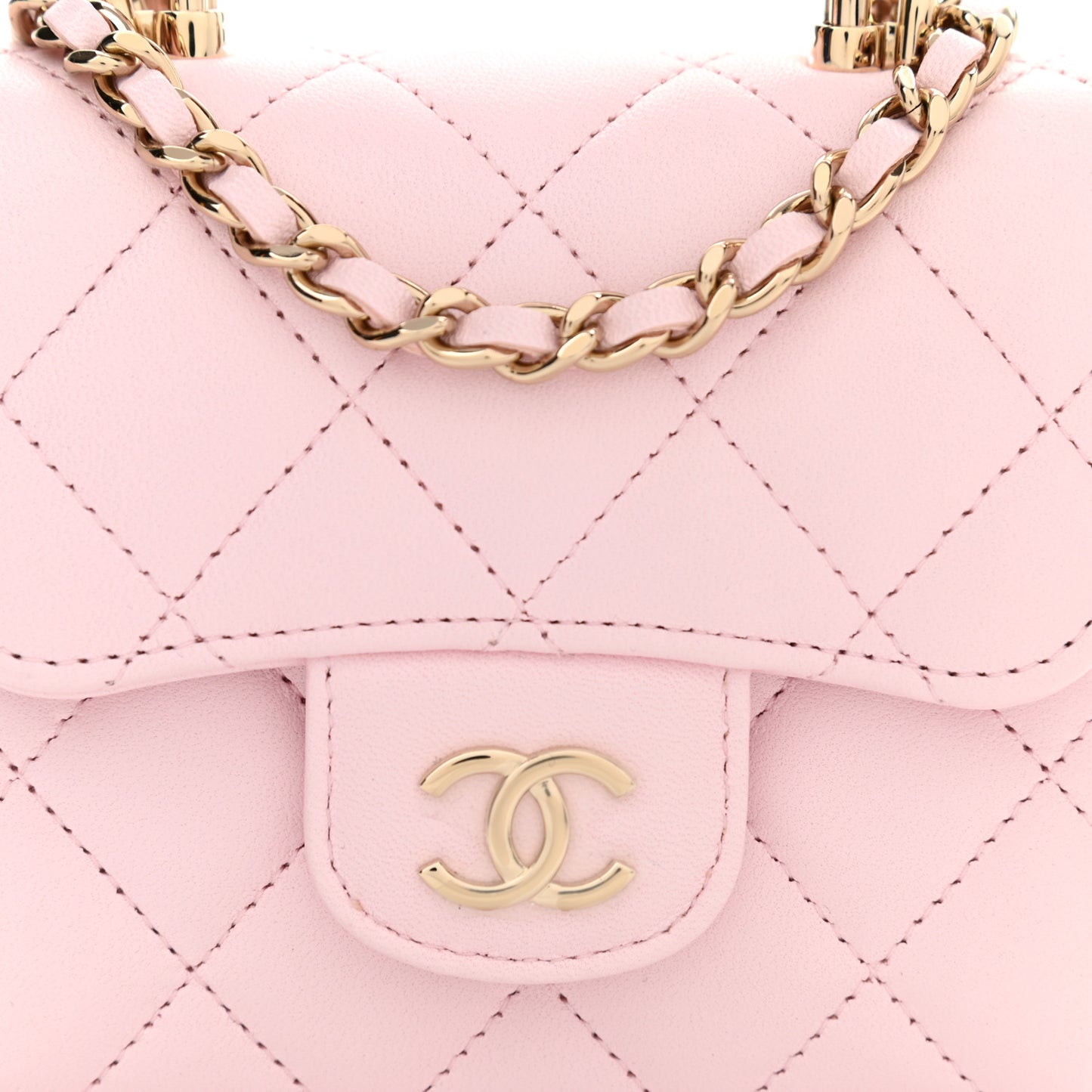 Lambskin Quilted Top Handle Clutch With Chain Light Pink