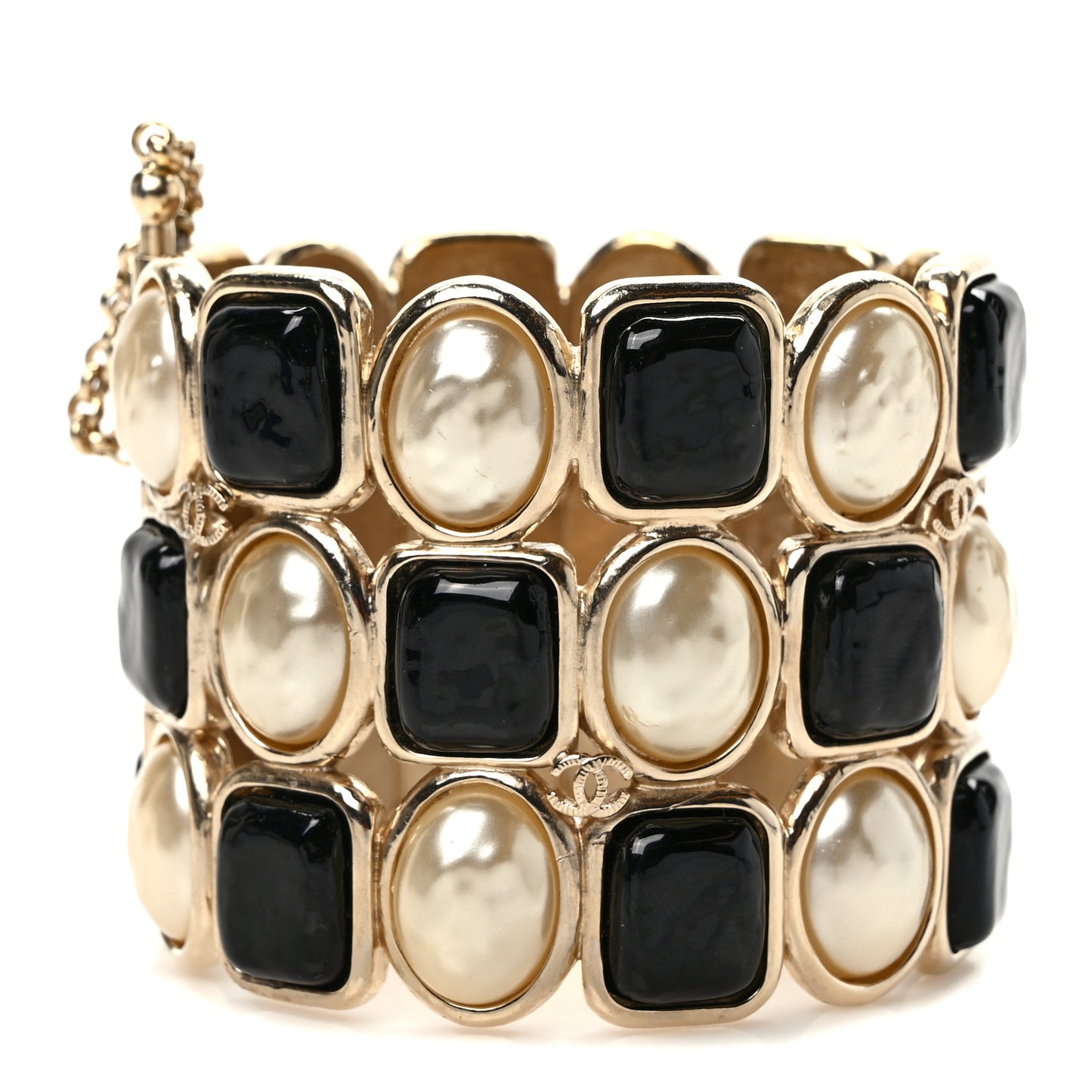 Resin Enamel Pearl CC Cuff Bracelet Gold Black Pearly White