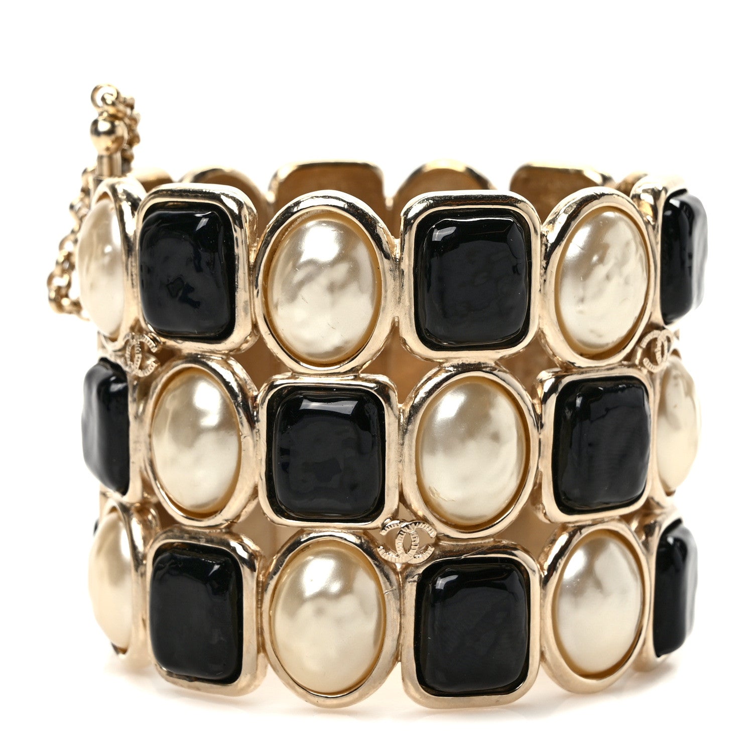 Chanel Resin Enamel Pearl CC Cuff Bracelet Gold Black Pearly White 1 of 5