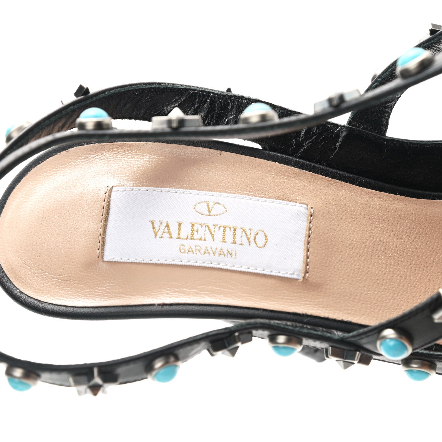 Valentino Garavani Pebbled Calfskin Stars Turquoise Rockstud Rolling Ankle Strap 100mm Pumps 37.5 Black 7 of 8