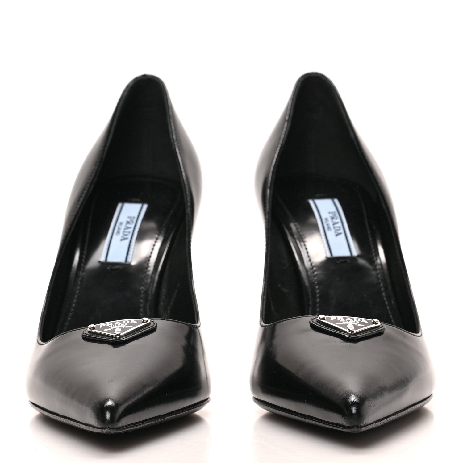 Prada Spazzolato Metal Triangle Logo Pointed Toe Pumps 36.5 Black 3 of 7